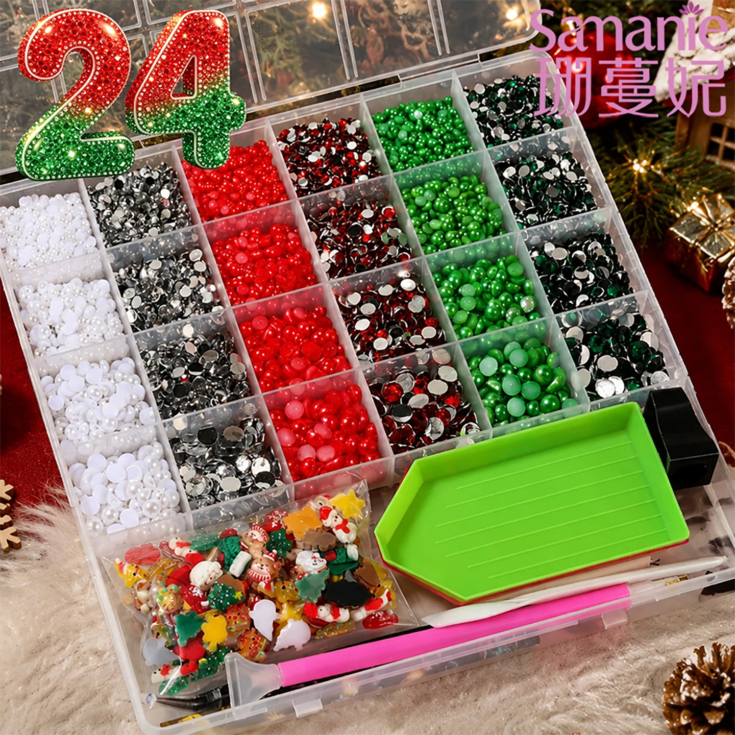 24Grids Shiny 6Color Multi-Size Resin Rhinestone Pearl Nail Charms Kit Cute Cartoon Christmas DIY Manicure Phone Accessories Set