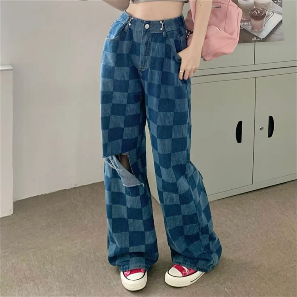 PLAMTEE Hole Women Jeans Chessboard Plaid Loose Wide Leg 2023 High Waist Summer Office Lady Vintage Casual All Match Denim Pants