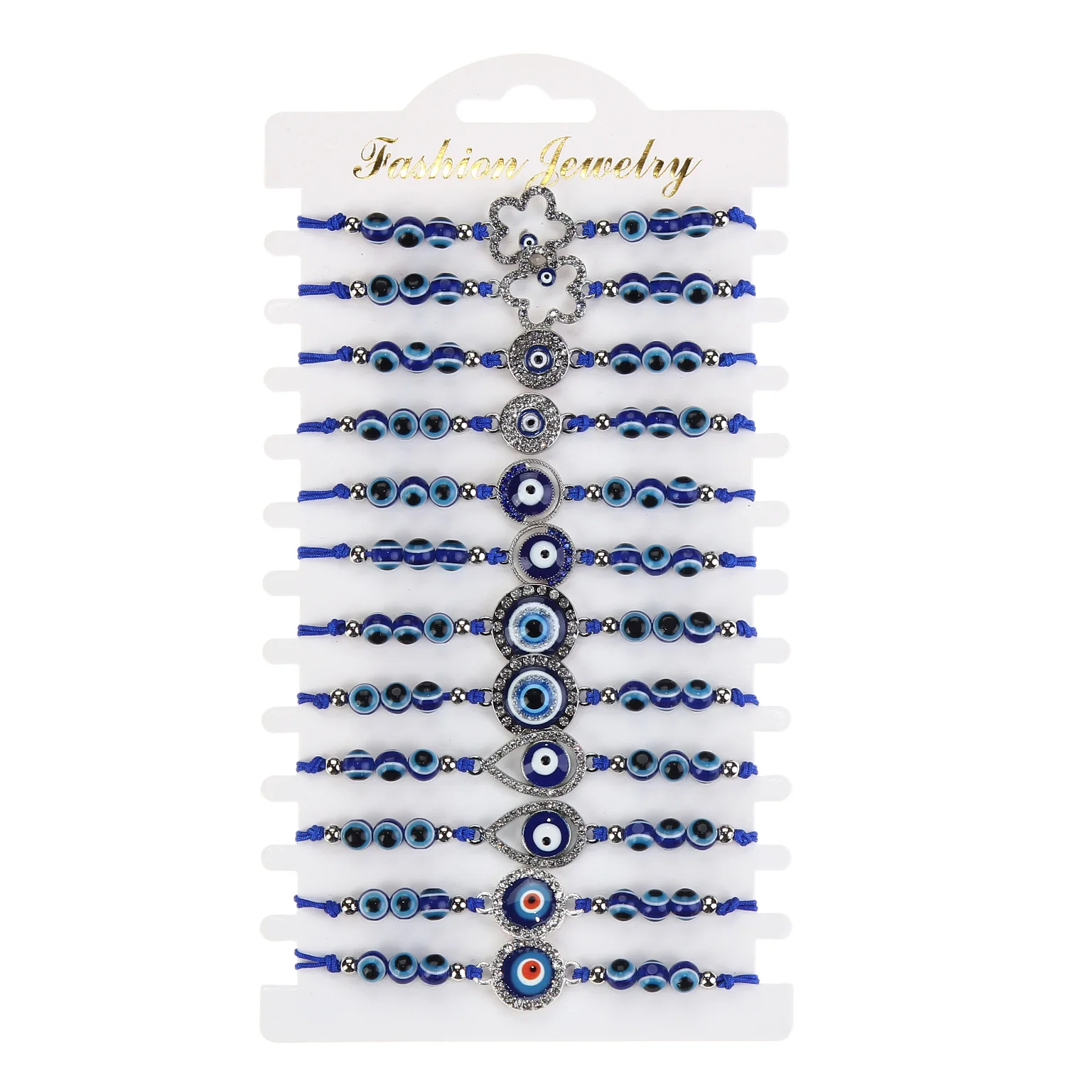 12 Pcs/Lot Lucky Blue Beaded Turkish Evil Eye Alloy Rhinestone Bracelet  Women Men Adjustable Braided Rope Vintage Jewelry Gifts