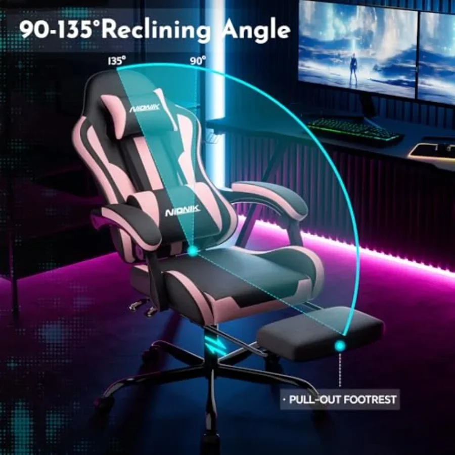 Gaming Chair for Office or Gaming, Ergonomic Computer Chair with Footrest and Lumbar Support, Height Adjustable, 360 Swivel Sea view 4