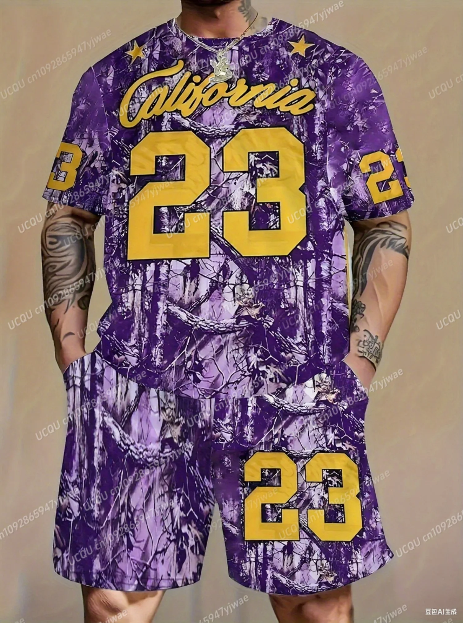 2025 Summer NO.23 California Print Men's Tracksuit 2 Pieces Set Casual Sport T-Shirt Shorts Set Men's Jogging Men Clothes