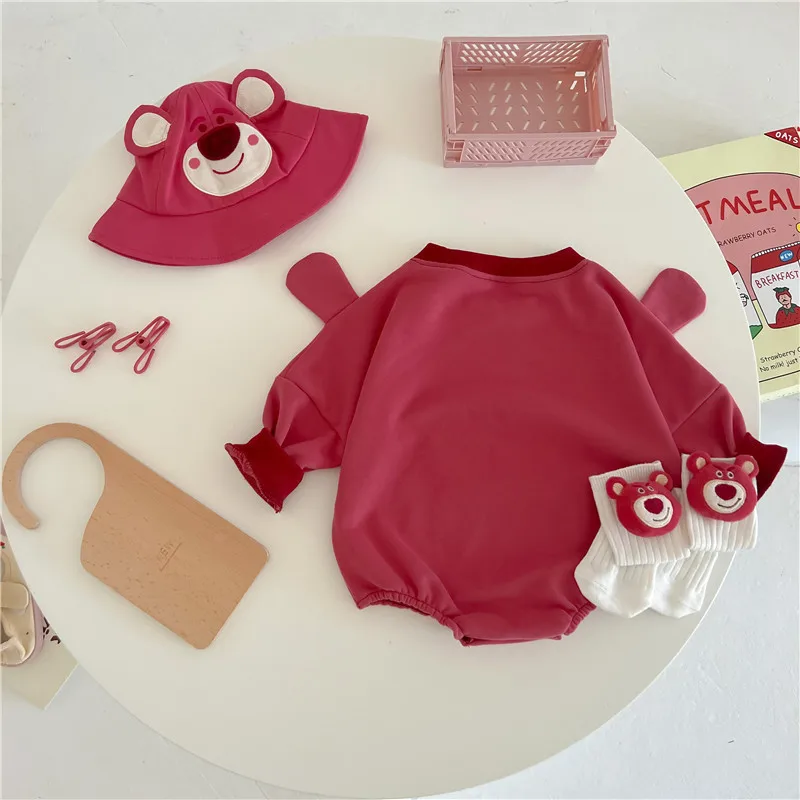 Disney Strawberry Bear Autumn Burst Baby Red Plum Bear A Cotton Clothing Triangle Bag Fanny Coat 0-1 Year Old Climbing Clothes