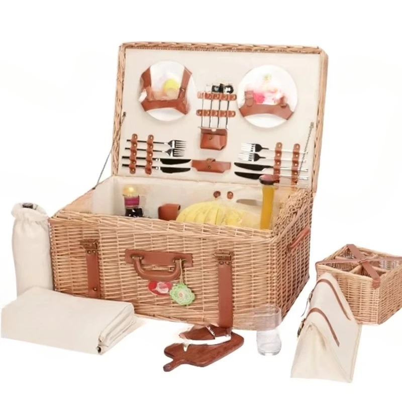 Picnic Basket Set, Wicker Outdoor Outing with Tableware Placemat Picnic Basket