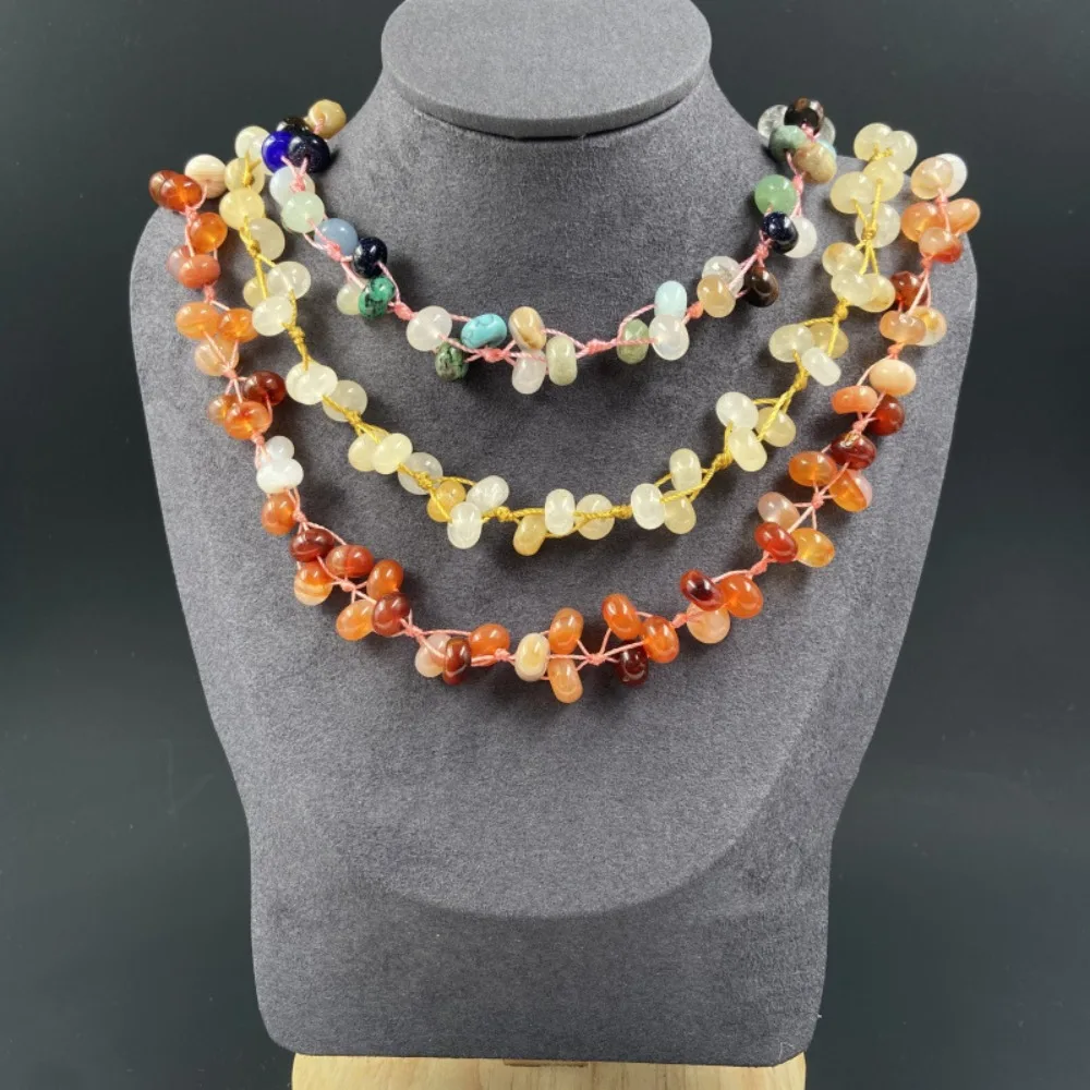 

Mixed Tumbled Stone Hand Woven Necklace, Natural Chip Crystal Boho Layered Jewelry for Women