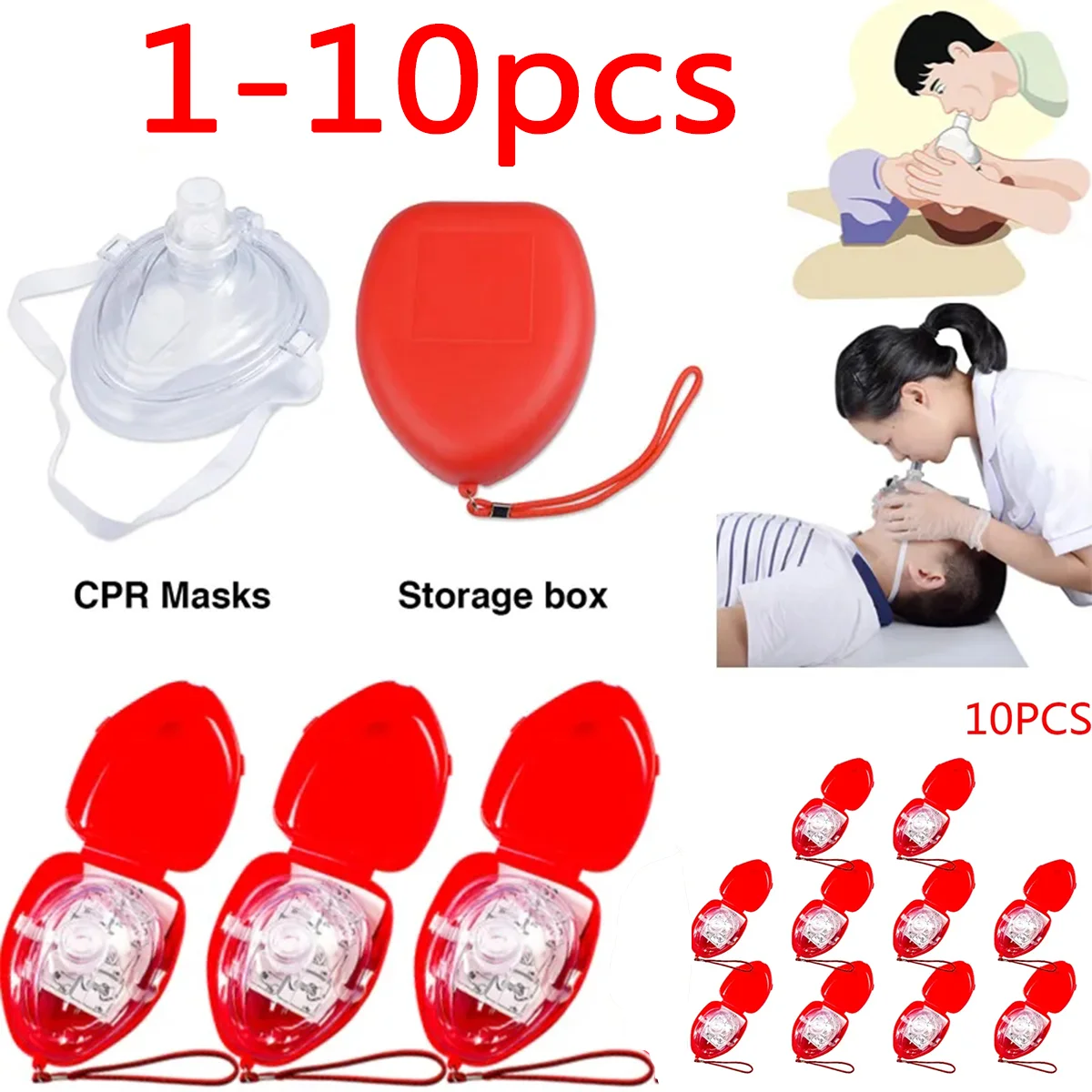 1pcs-10pcs Professional First Aid CPR Breathing Mask Protect Rescuers Artificial Respiration Reuseable With One-way Valve Tools