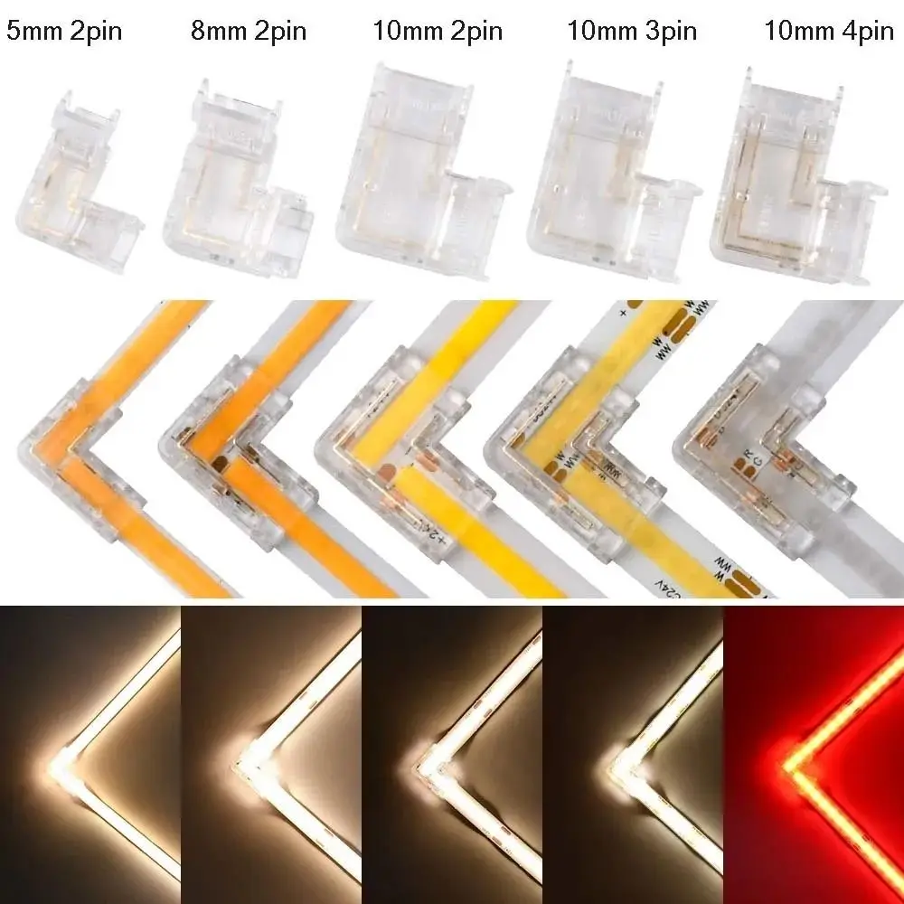 90 Degree COB LED Connectors 5/8/10mm Solderless Transparent 2/3/4 Pin Connector Strip to Strip For CCT FCOB RGB Strip Lights