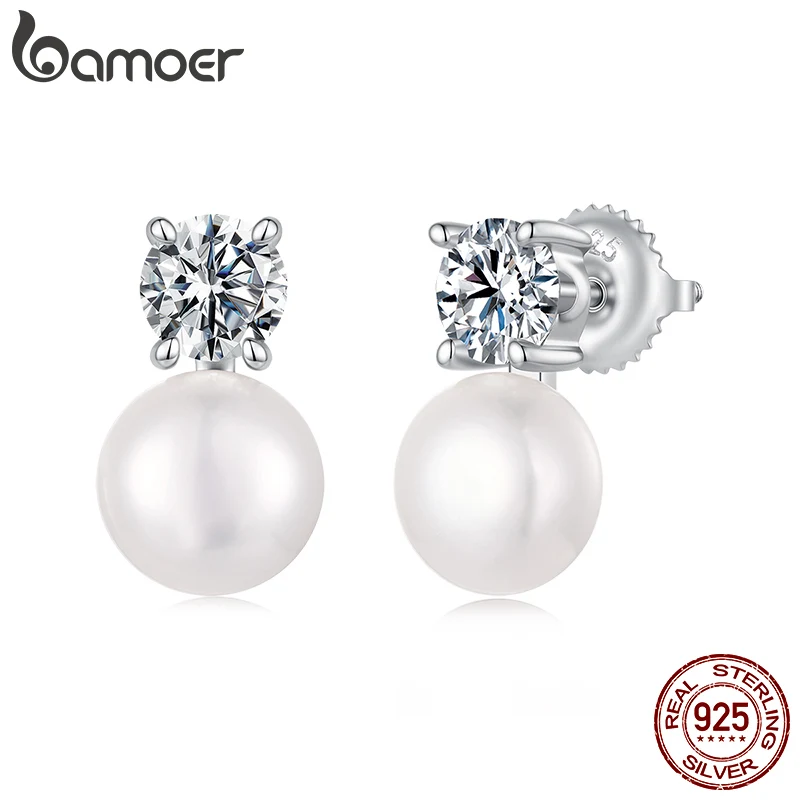 BAMOER Moissanite 925 Sterling Silver Freshwater Pearl Stud Earrings VVS1 Lab Created Diamond Wedding Earring Elegant Women Gift