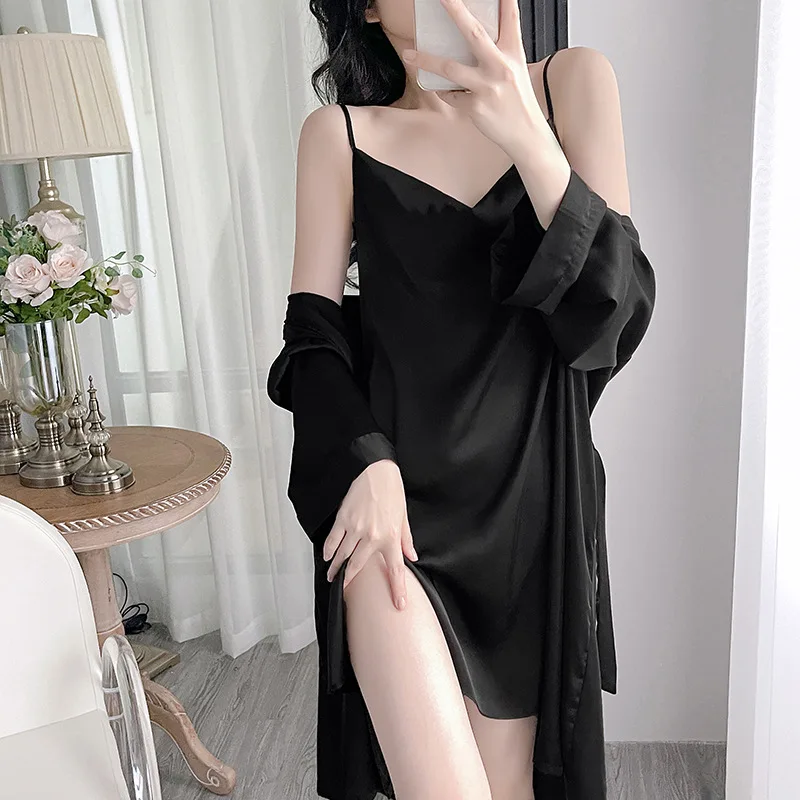 

Women's Lightweight Autumn Ice Silk Long-Sleeve Nightgown Summer Sexy Pure Desire Style Wide Neckline Split-Front Strapless Nigh