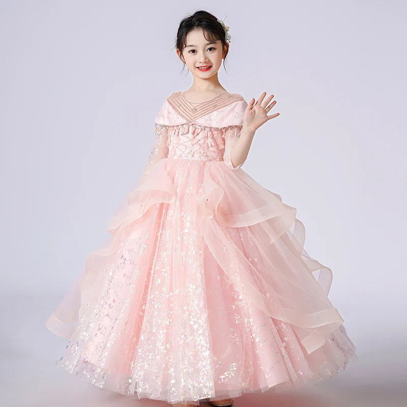 

Girl's Ceremonial Dress Pink White Ankle-Length Short Sleeve Mesh Puff Princess Dresses For Wedding Party