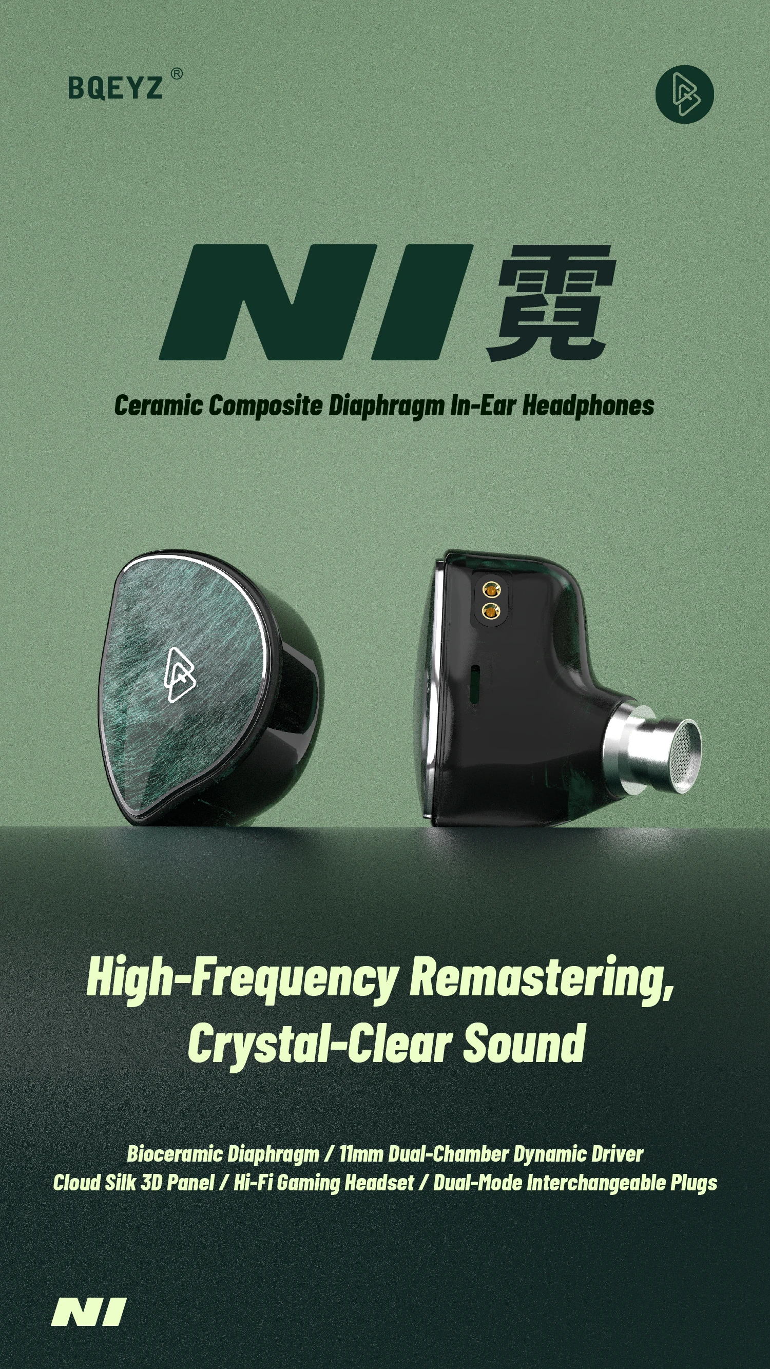 BQEYZ NI HiFi In-Ear-Kopfhörer mit dynamischem Treiber und Bio-Keramik-Membran, Gaming-Ohrhörer mit austauschbaren Steckern, 3,5 mm/4,4 mm – Detail 1