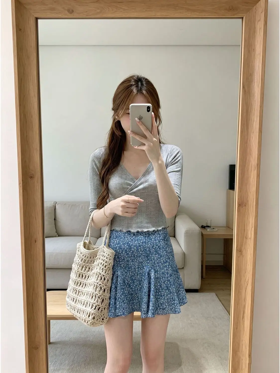 Blue Floral Chiffon A-Line Fish Tail Short Skirt Women's Summer Beautiful Gentle Personality Waist Slimming Half-length Skirts