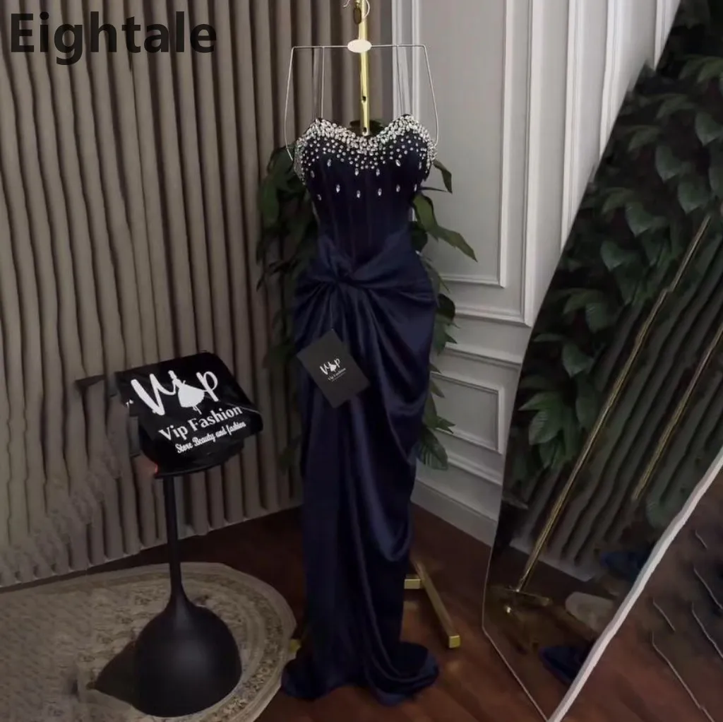 

Eightale 2025 Navy Blue Mermaid Evening Dress Satin Crystal Beads Sweetheart Prom Dress Formal Party Gown Customized