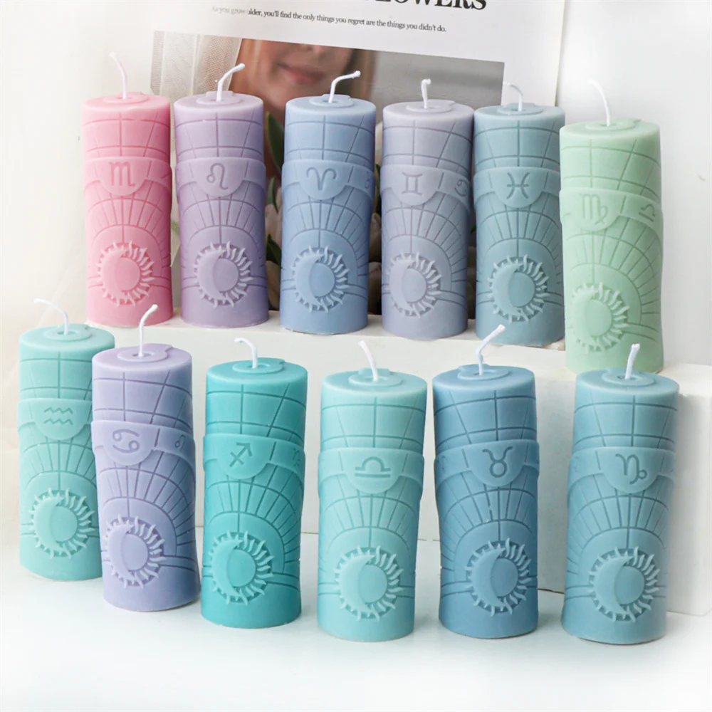 Zodiac Pillar Candle Molds DIY Twelve Constellation Tall Cylindrical Sun Luna Moon Pattern Silicone Mold for Candle Plaster