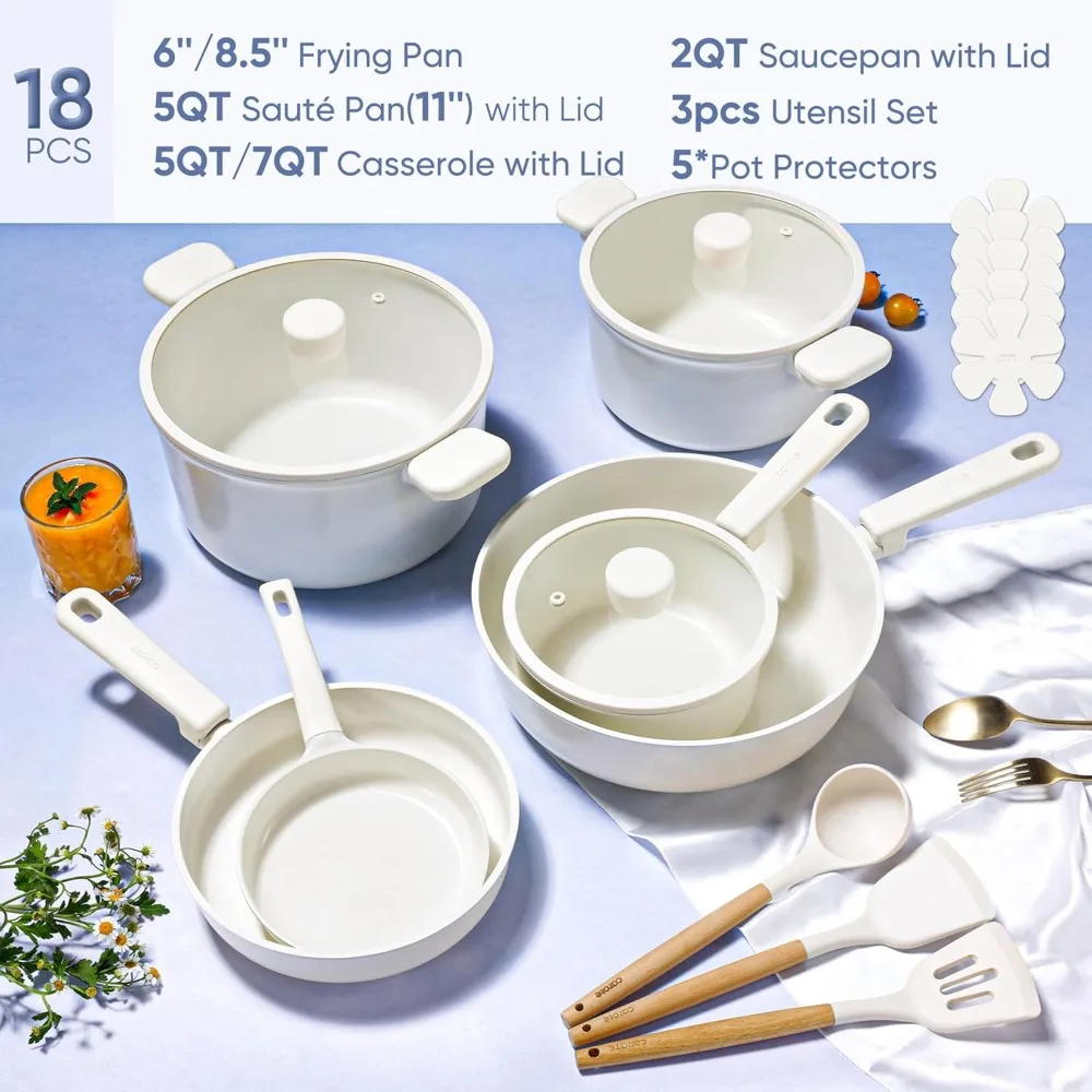 

18Pcs Nonstick Ceramic Cookware Set, PFAS/PFOA Free, Cream White Pots and Pans Set Non Stick, Non-toxic Cookware