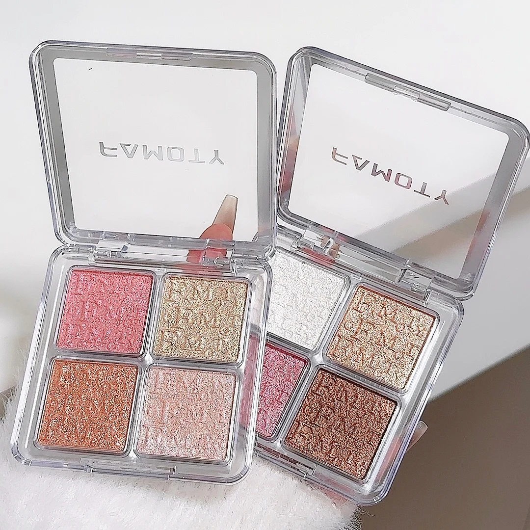 4-Color Face Highlighter Palette, Pearly Glitter Shimmer Smooth Baked Powder, Lasting Sparkling Highlighter Makeup