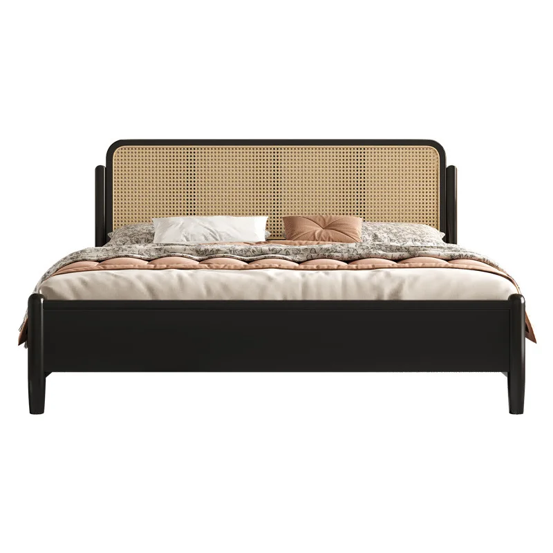 French antique solid wood bed double master bedroom rattan bed superior bedroom