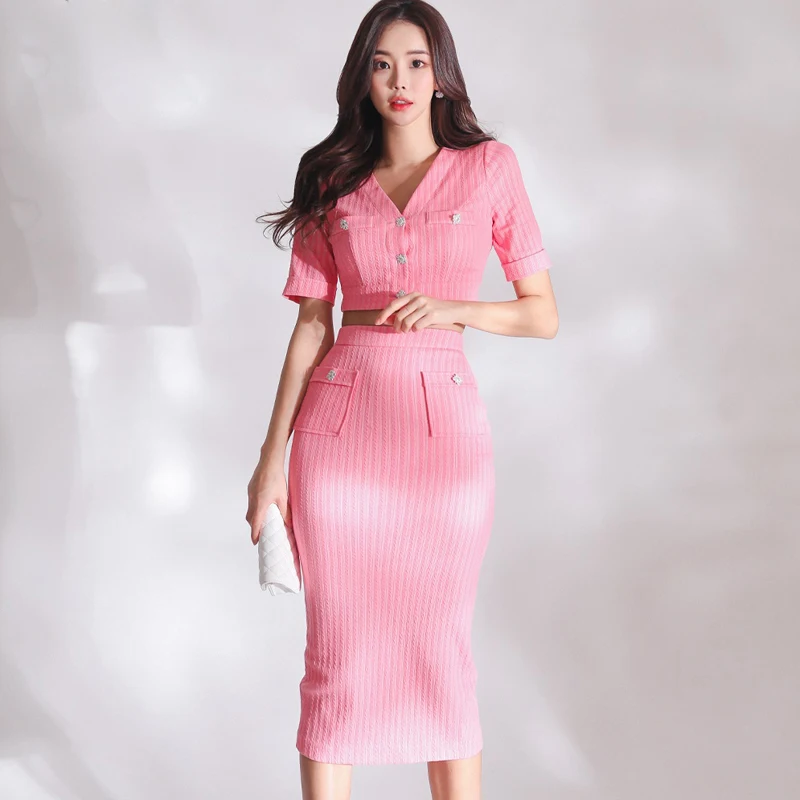 Korean Summer Women 2 Piece Set Office OL Elegant V Neck Short Sleeve Crop Small Blazer +High Waist Bodycon Pencil Skirt Suits