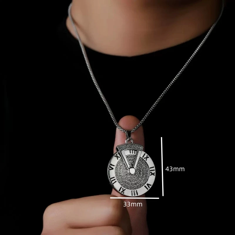70cm Length Fashion European and American Roman Numeral Pendant Titanium Steel Necklace 360° Rotatable Pendant