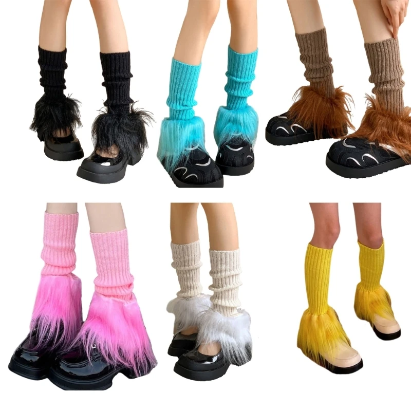 Winter Fall Rib Knit Leg Warmer Solid Color Furry Plush Foot Covers Calf Socks