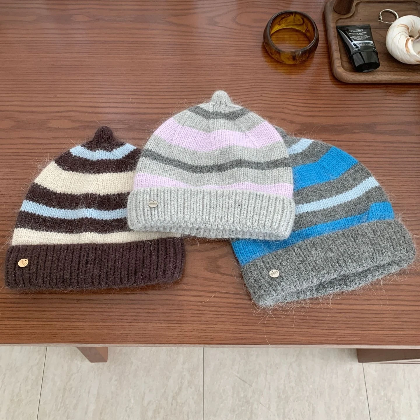 Cute Striped Cuffed Pointed Top Beanie Wool Blend Knit Hat Hand Sewn Label Windproof Pullover Winter Head Wrap Beanie Cap