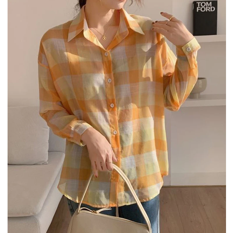 Women Korean Fashion Vintage Plaid Print Shirt Lapel Simple Casual All Match Blouse Long Sleeve Loose Tunic Tops Female Clothing