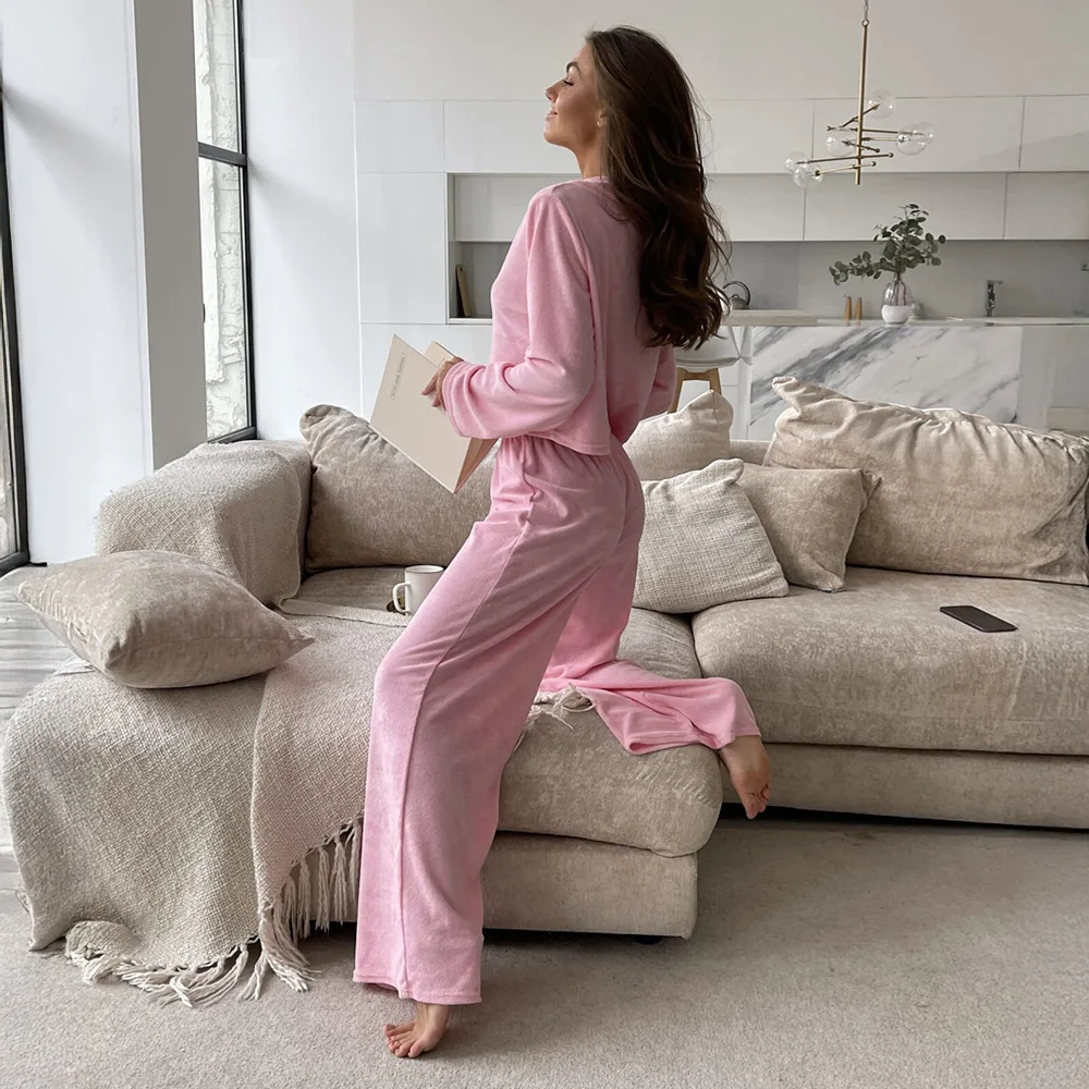 Women Suits Pink Velvet Long-sleeved Trousers Pajamas Set Autumn And Winter New Cardigan Pajamas Comfortable Home Wear For Women