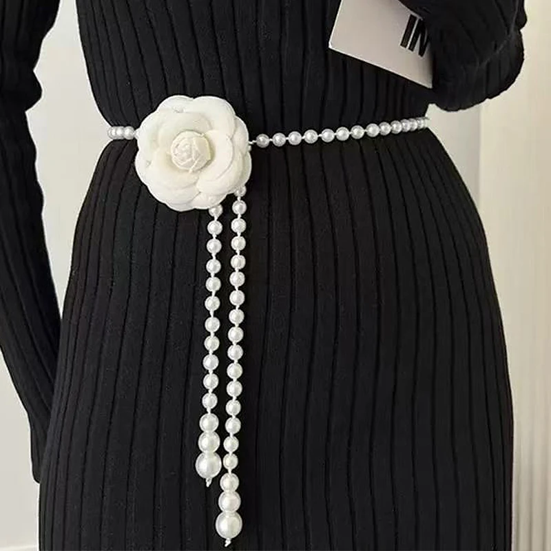 

1 шт., пояс-цепочка с имитацией жемчуга и камелии для модных платьев, женская роскошная дизайнерская одежда, украшение для пояса AB009