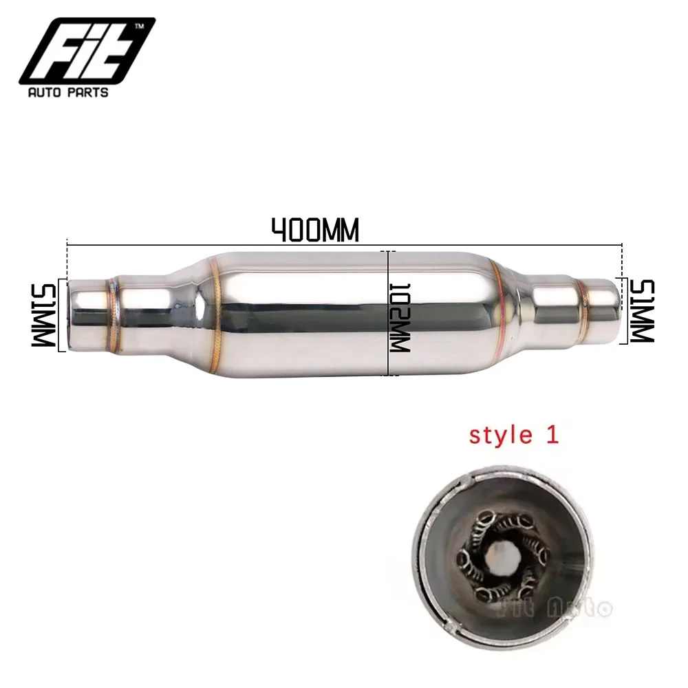 Silenciador de escapamento universal para carro, aço inoxidável, prata, 51mm, silenciador reto, ressonador, som silencioso