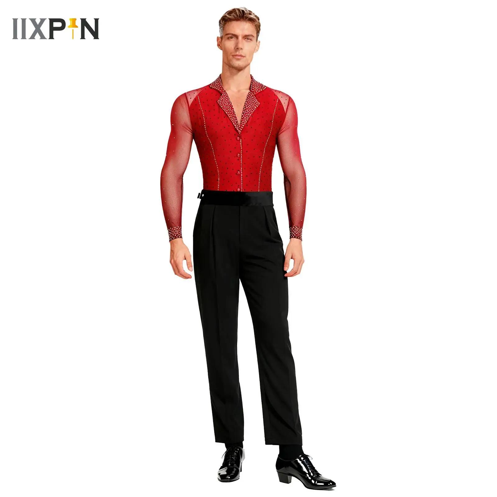 

Mens Cha-cha Ballroom Latin Tango Rumba Dancwear Sheer Mesh Bodycon Leotard with Long Pants Professional Dance Clothes Set