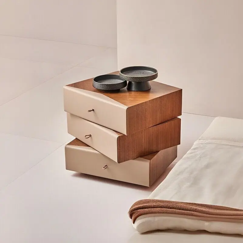 

Saddle leather bedside table Rotatable solid wood storage cabinet