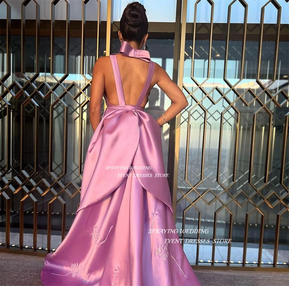 SPRAYING Sexy Halter Evening Dress Big Bow Leaky Back Prom Gown Soft Satin Floor Length Formal Occasion Dresses For Saudi Arabia