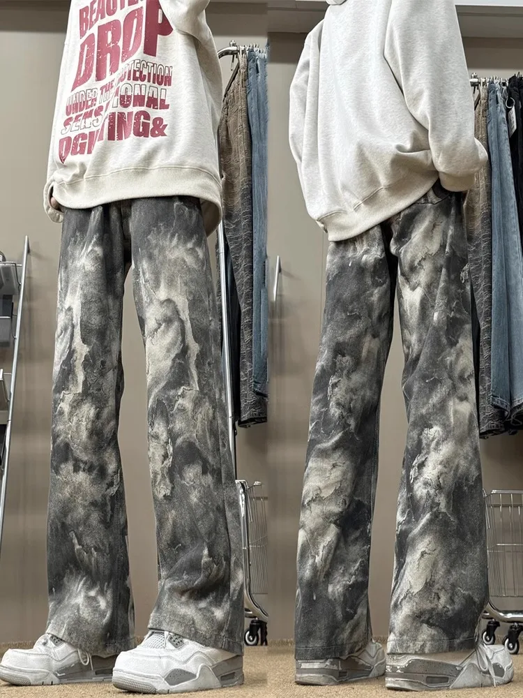 Cleanfit Men's Camouflage Dyed Denim Jeans Bla Loose Wide Leg Straight Cut Spring Autumn New Chinese Sle Youth Faion