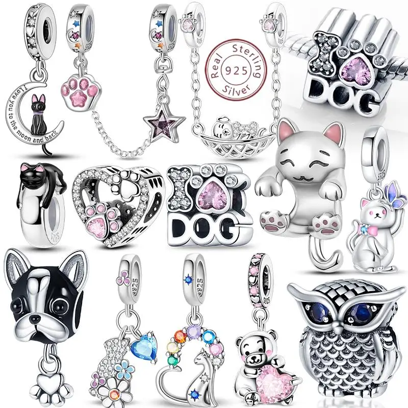 Charms 925 Sterling Silver Dog Cat Paw Print Love Pets Beads Fit Original Bracelets Necklaces Pendant Women DIY Jewelry