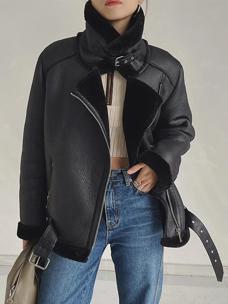 

Fitaylor New Winter Streetwear Faux Lamb Leather Jacket Women Fashion Lapel Zipper Thickness Sheepskin Moto Biker Coat with Belt