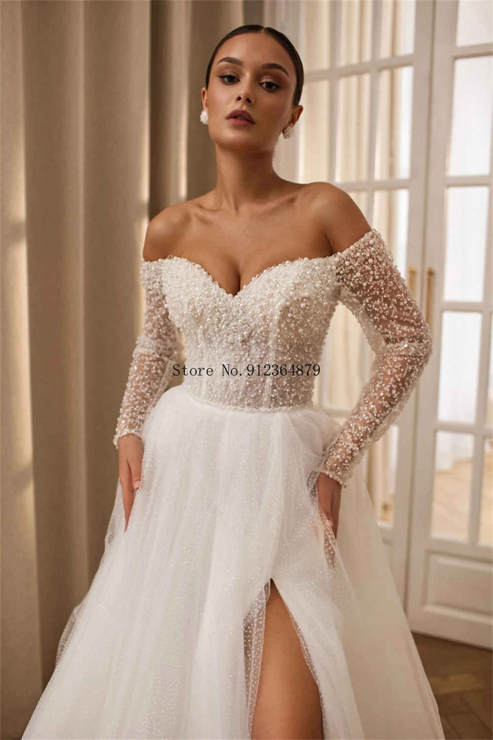 맞춤형 오프숄더 긴팔 진주 비즈 웨딩드레스 우아한 하이 슬릿 신부 드레스 여성용 화려한 웨딩 가운