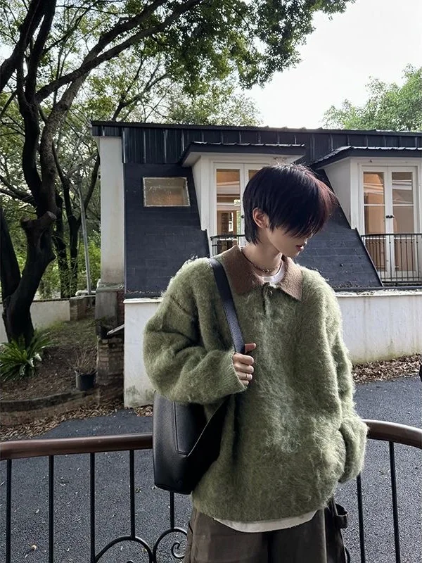 

Мужской вязаный свитер в американском стиле с воротником-стойкой, зимний тренд, свободный крой, теплый, мягкий, с длинными рукавами, для пар