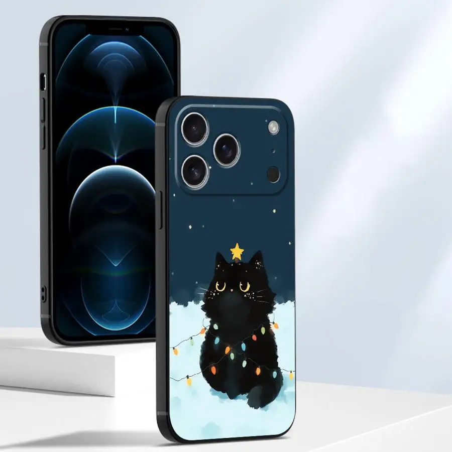 عيد الميلاد القط الأسود لينة غطاء الهاتف القضية آيفون 15 16 14 زائد 7 8 17 الهواء XR 13 12 11 17 برو ماكس XS ماكس