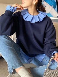 New Fake Two Piece Patchwork Sweatshirts Women Ruffles Doll Collar Long Sleeve Solid Hoodie Loose Casual Fall Winter Pullovers