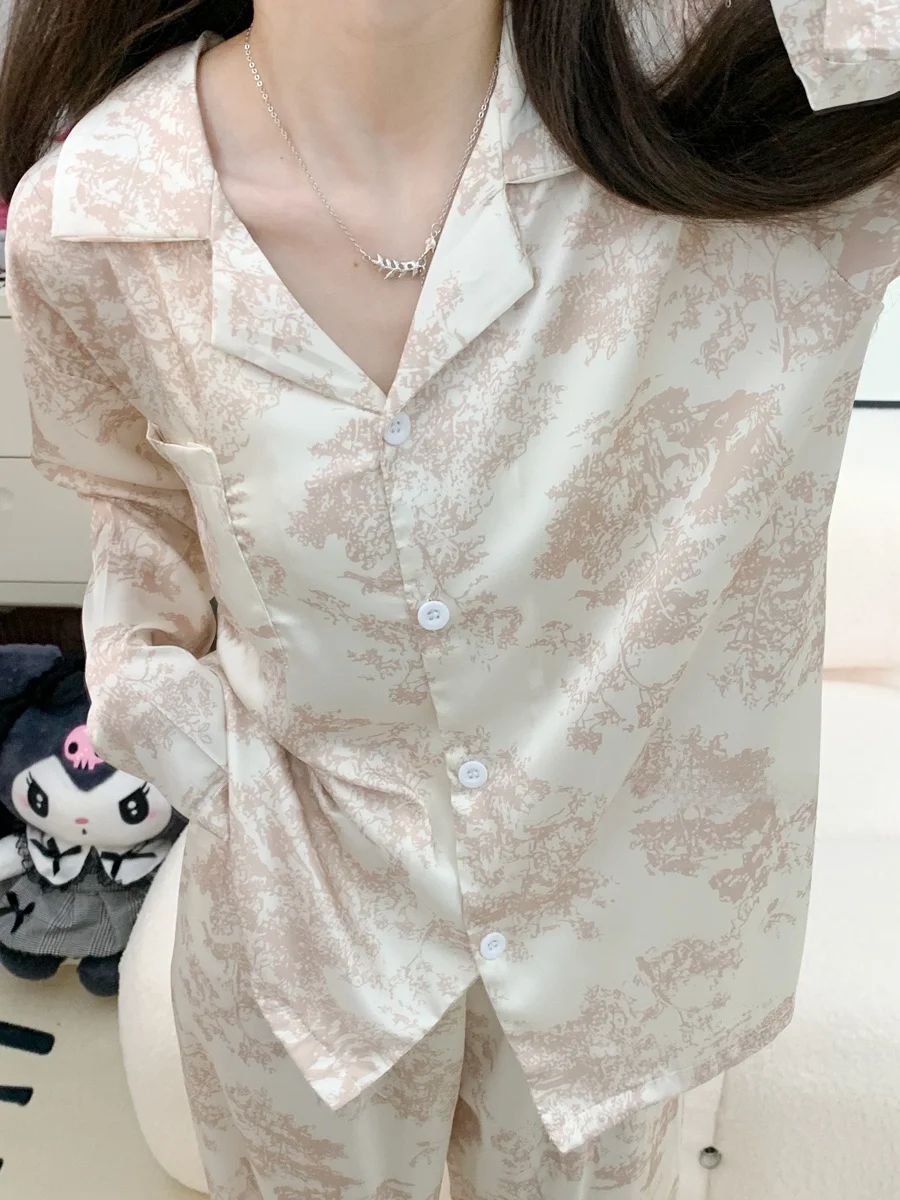 

Silk Ice Fabric Sleepwear Long Sleeve Long Pants Thin Home Clothes Set for Women Spring Autumn New Style Comfortable Home Fas...