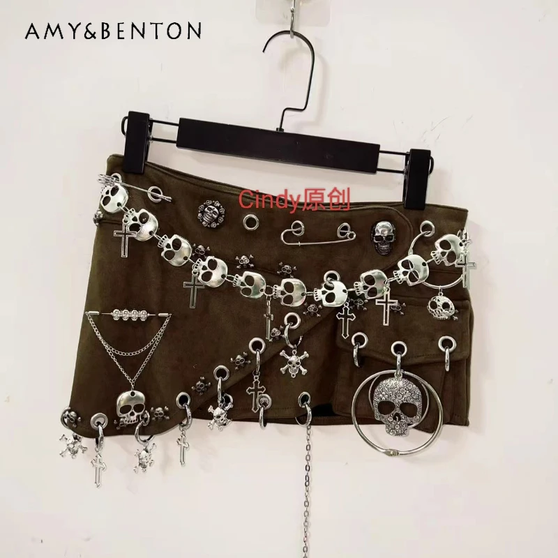 

Gothic Punk Dark Gray Pin Chain Strap Sexy Women's Short Skirt Original Sweet Cool Hot Girl Irregular Mini Leather Skirts Ladies
