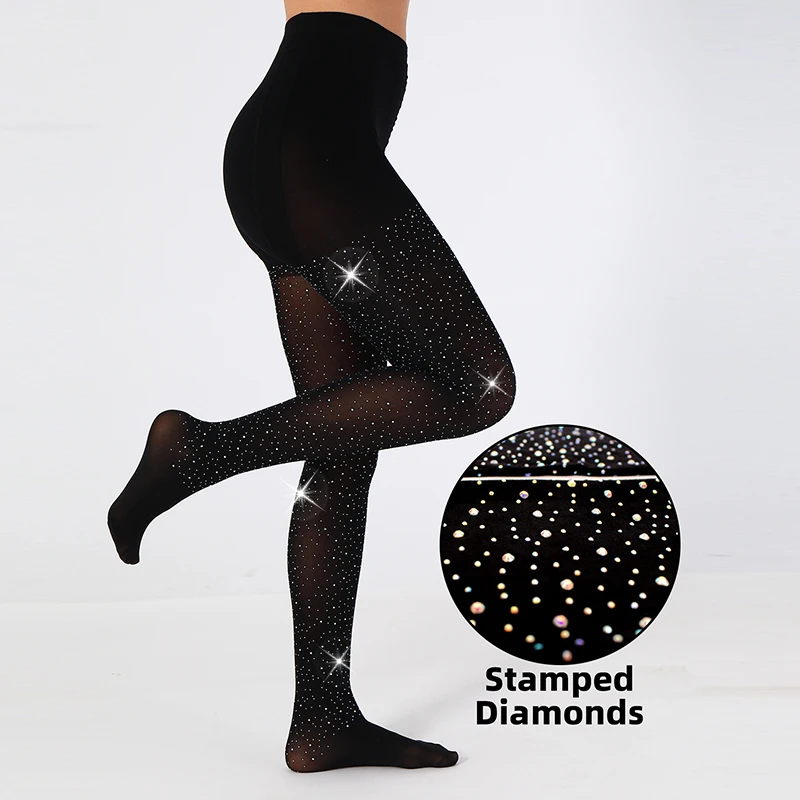 

Kave 1pair Shiny Rhinestone Diamond Black Semi Opaque Tights for Women 80D Soft Solid Color Foot High Waist Tights Wholesale