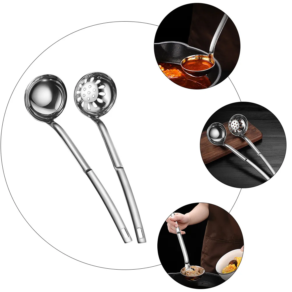 

2Pcs Stainless Steel Soup Slotted Spoon Set Deep Ladle Long Handle Rustproof Kitchen Spoon Hot Pot Strainer Colander