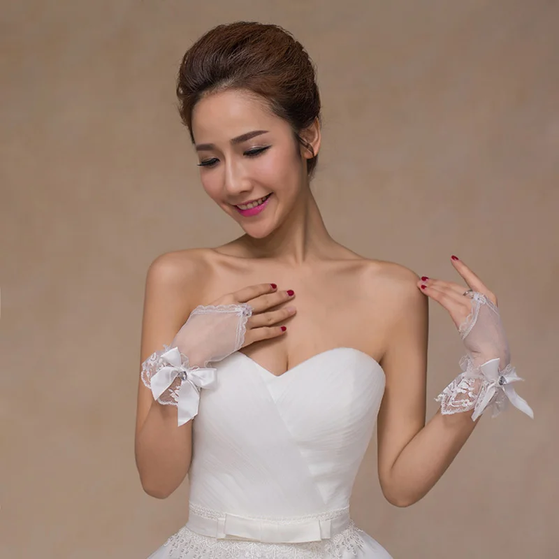 White Wedding Elegant Beading Bow Gloves Wedding Accessories