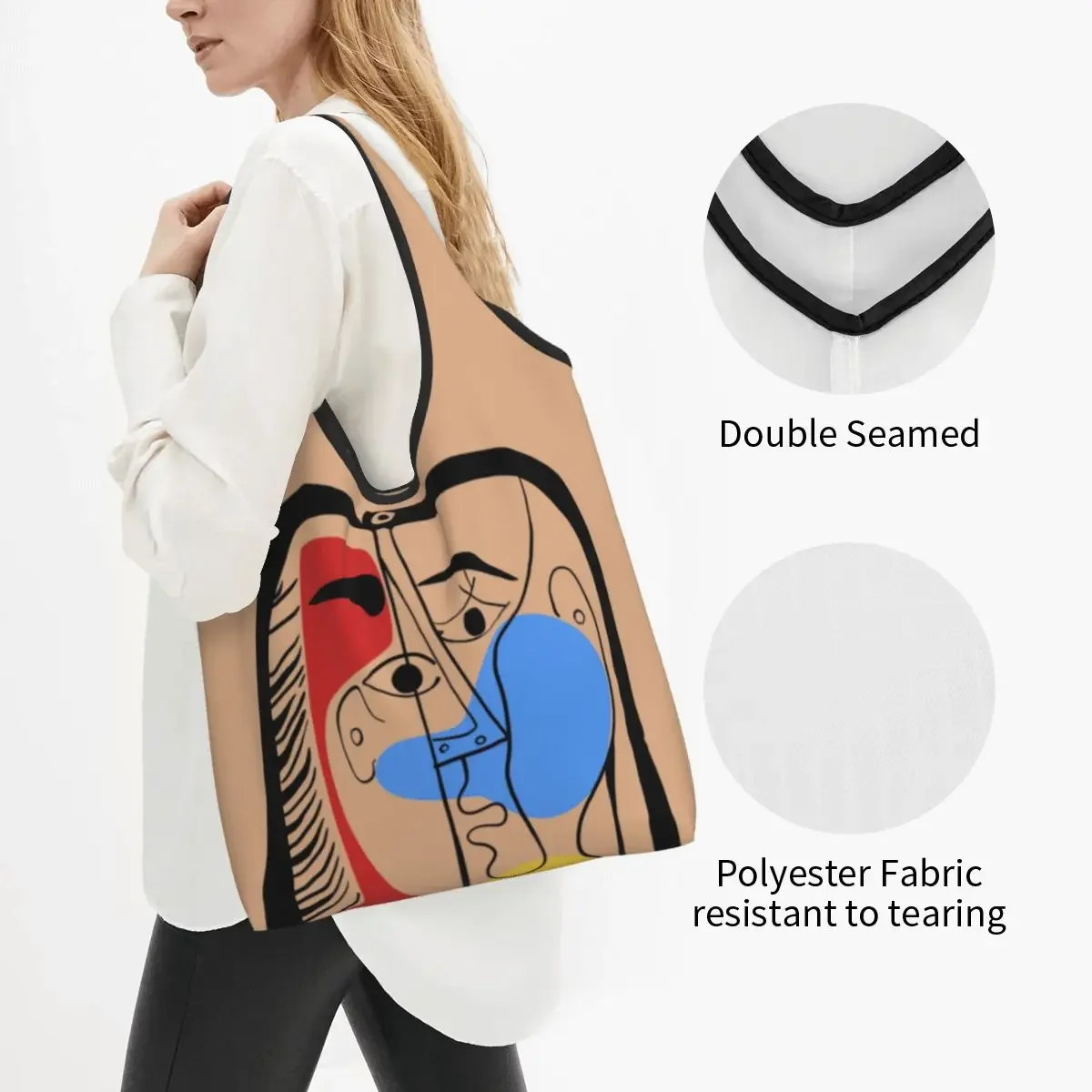 Picasso Woman's Head Shopping Grocery Bags Foldable 50LB Weight Capacity Minimal Lines Drawing Face Eco Bag Eco-Friendly Durable