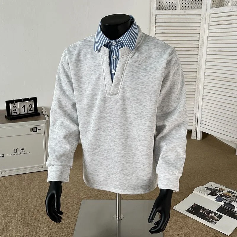 

Grey Fake Two-Piece Spliced Sweatshirt For Men in Autumn High-end Feel Handsome Long Sleeved Shirt Retro Polo Shirt Trendy Brand