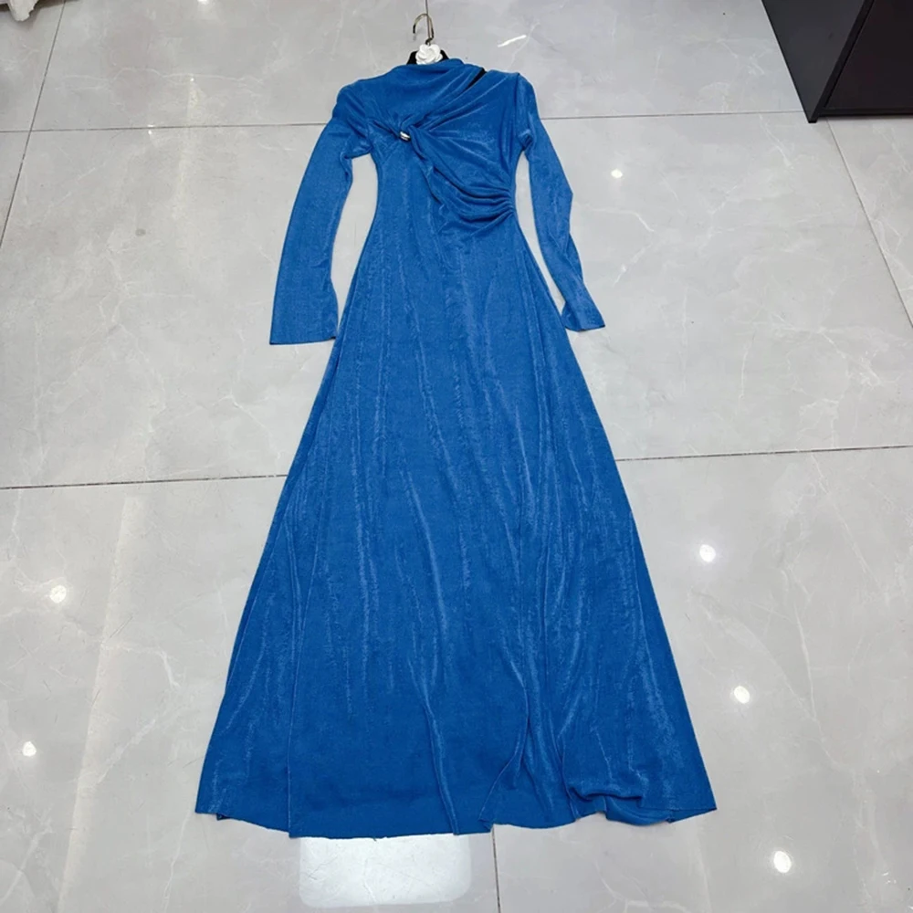 

European and American summer new design cross French lady style bevel collar long sleeve metal button dress-GZXX373