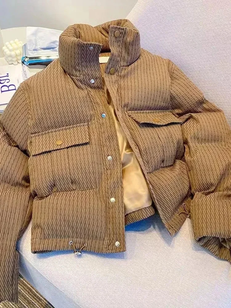 Gestreepte Vintage Winter Gezwollen Jas Vrouwen Lange Mouw Dikke Warme Katoenen Casual Koreaanse Stand Kraag Vrouwelijke Y2k Tops