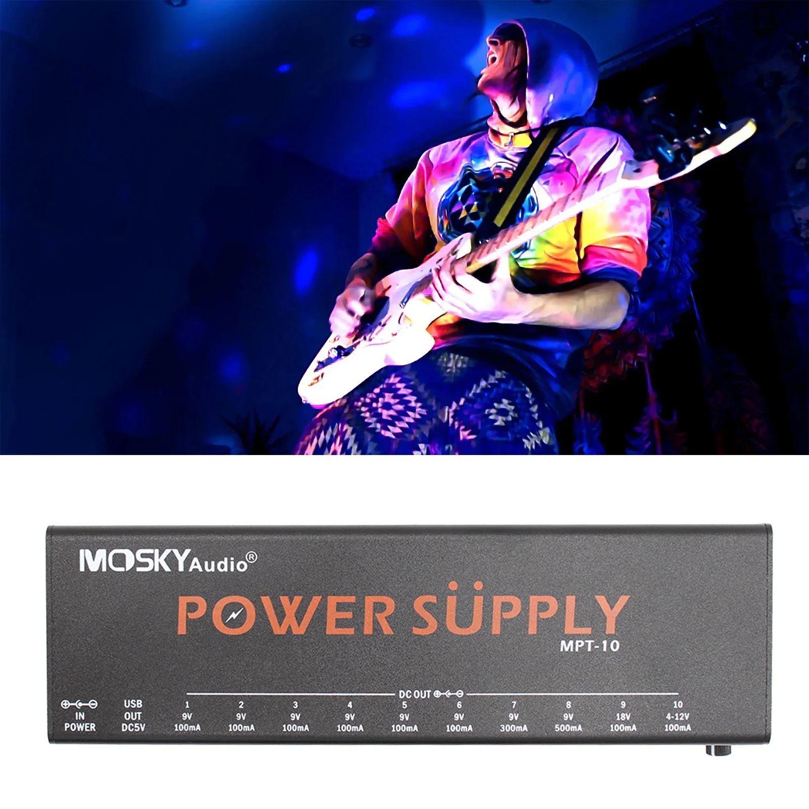 Mosky Audio Mpt-10 Guitar Effect Pedal Power Supply 10 Isolated Outputs 9V 12V 18V Guitar Pedal Power Supply 100Ma 300Ma 500Ma