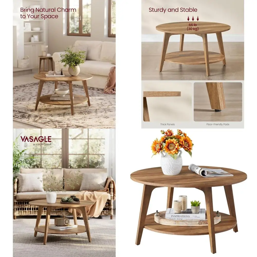 مجموعة MAEZO - طاولة قهوة مستديرة، طاولة مركزية من طبقتين مع مساحة تخزين، أرجل مدببة، انتقالات منحنية، 31.5 ضياء. × 17.7 ساعة في