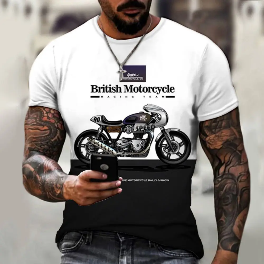 Vintage Motorcycle T-Shirt For Mens Short Sleeve Tops 3D Motorcycle T-Shirt Oversized Summer Clothing Street Men\'s Retro T-Shirt